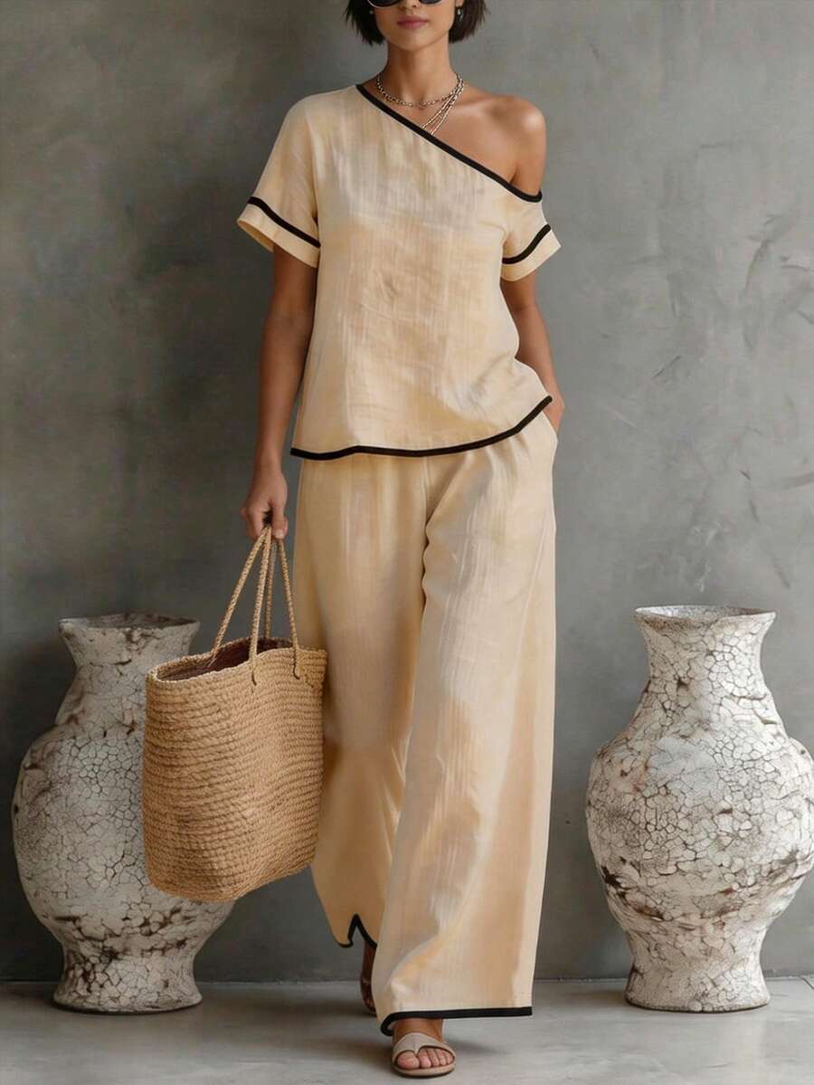 Linen Pant Wide - Womens Beige Asymmetric Top And Wide