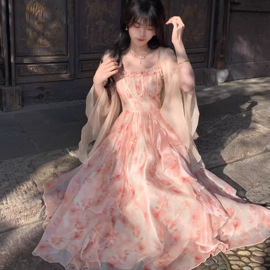Kimono Sheer Floral - Women Watercolor Peach Floral Maxi Dress