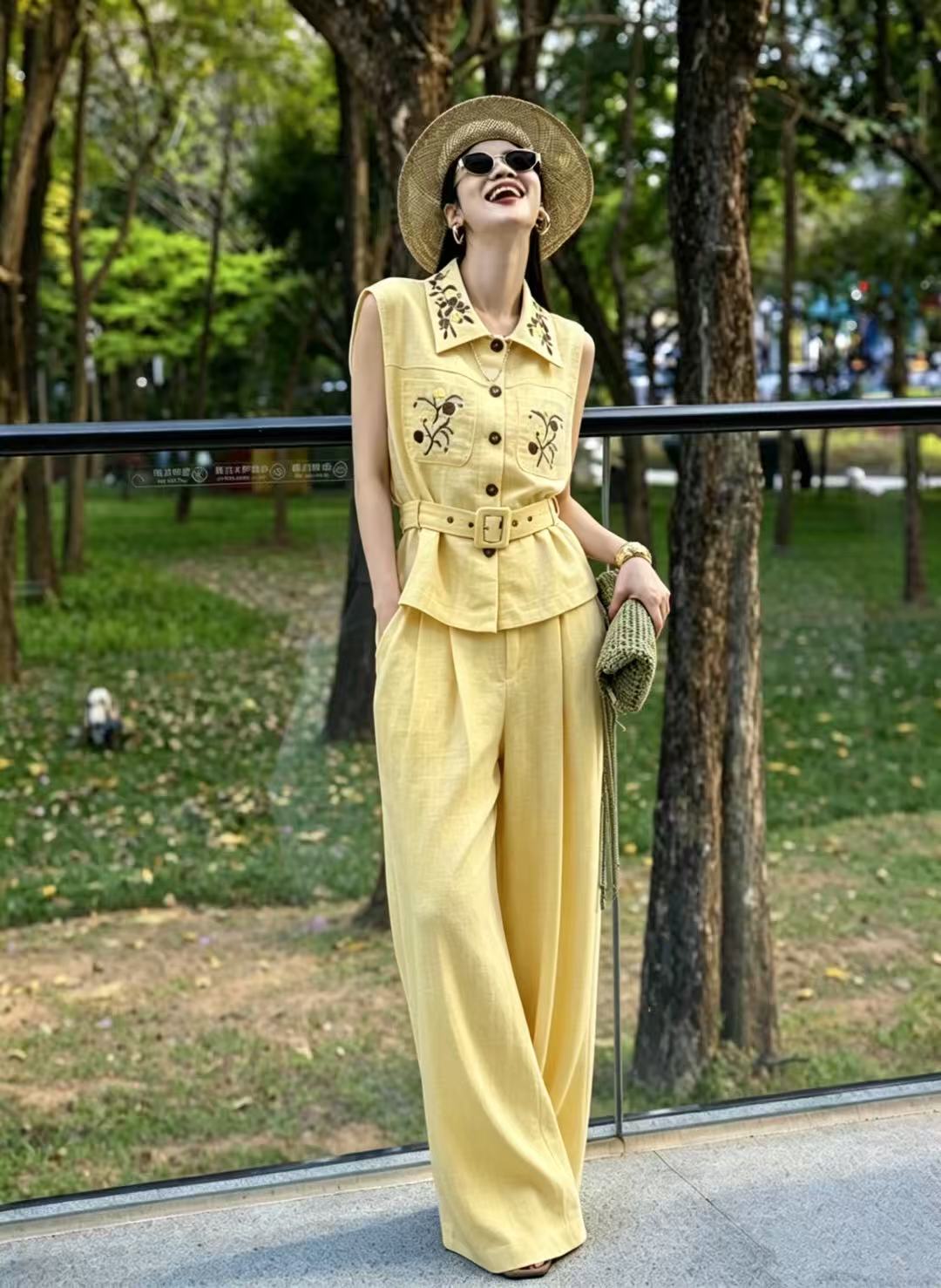 Linen Pant Wide - Heavyweight high-quality linen embroidered breathable and