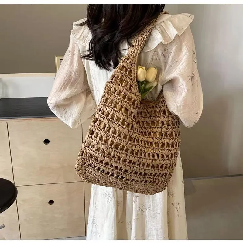 Tote Bag Beach - Hollow Woven Straw Tote Bag One-Shoulder