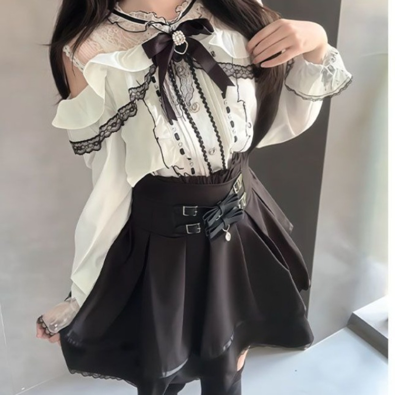 Blouse Off Shoulder - Japanese Gothic Y2k Lolita Style Set