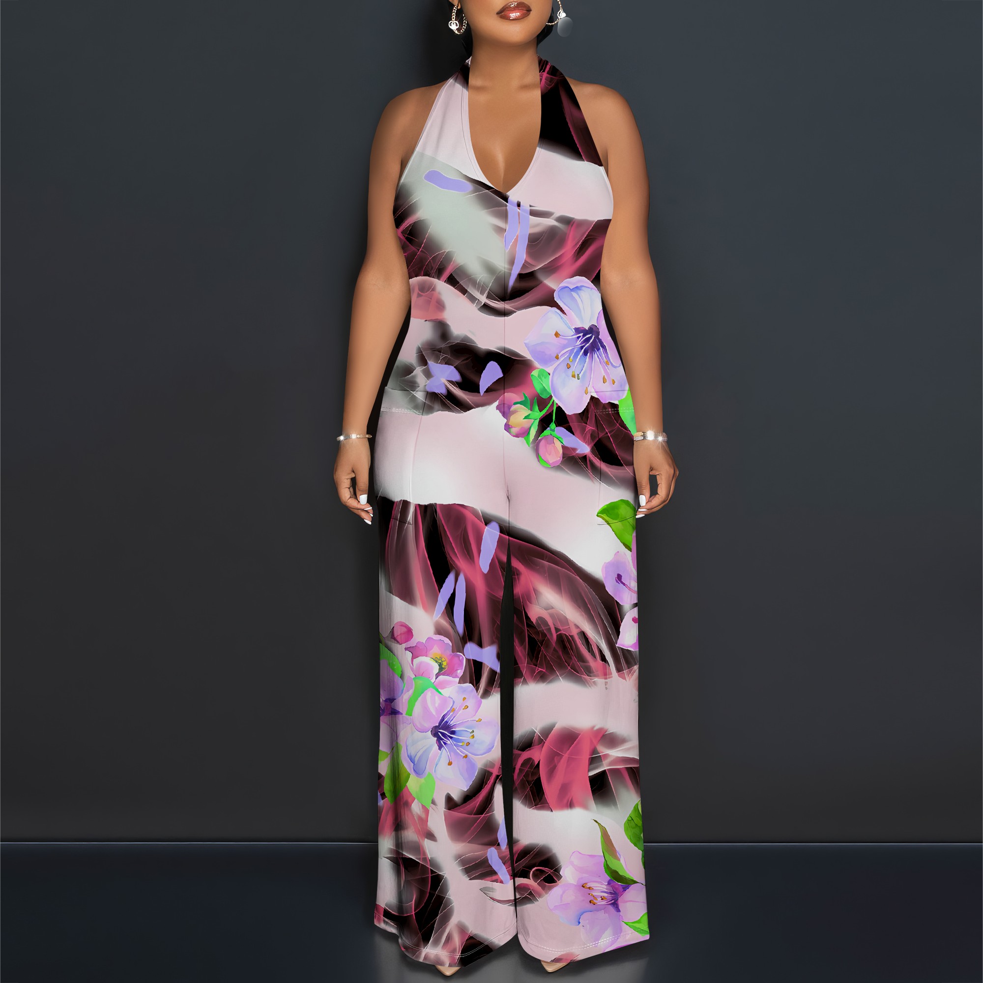 Romper Floral Print - Floral Print Halter Jumpsuit - Tie