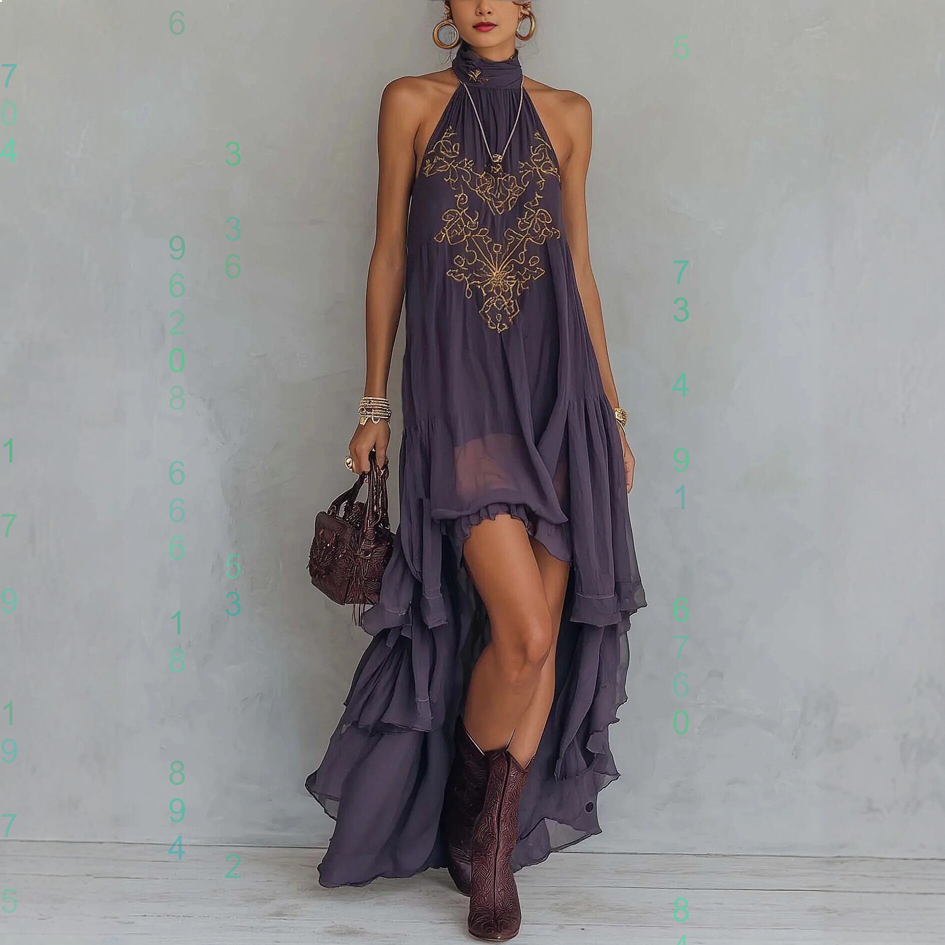 Maxi Dress Halter - Purple Print Halter Neck Sleeveless Ruffle