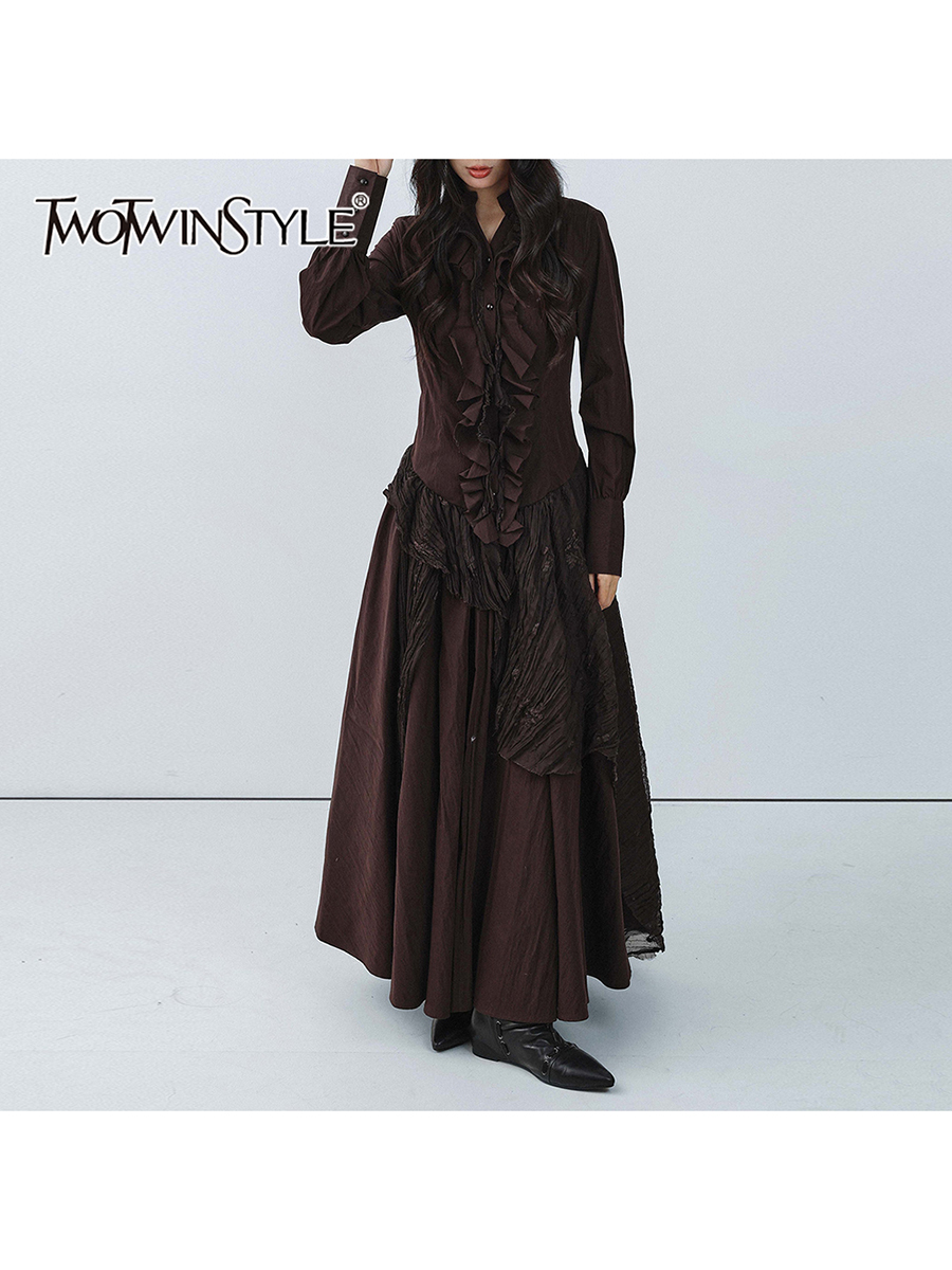 Linen Dress Wrap - TWOTWINSTYLE Brown Spliced Folds Irregular Dresses