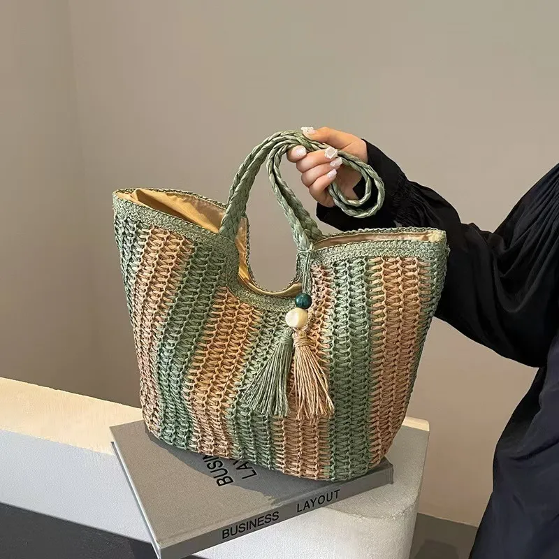 Tote Bag Beach - Striped woven straw tote bag for