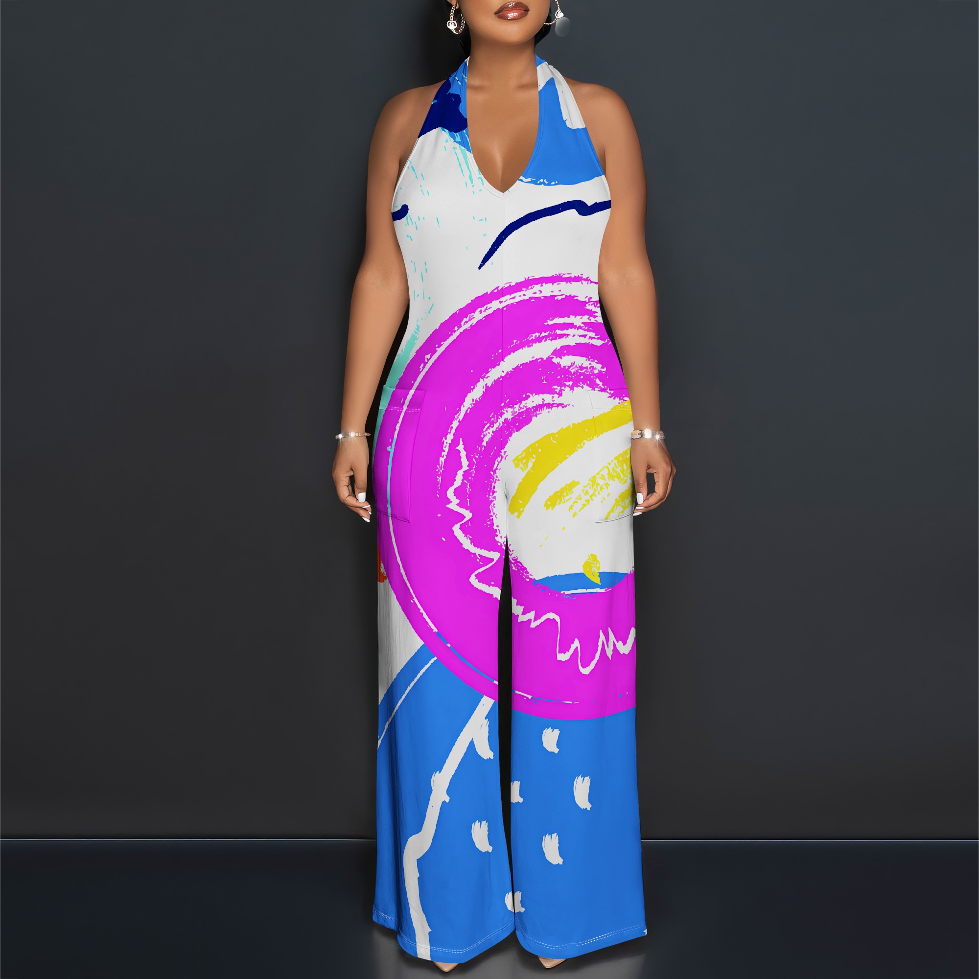 Maxi Dress Halter - Bold Abstract Brushstroke Halter V-Neck Maxi