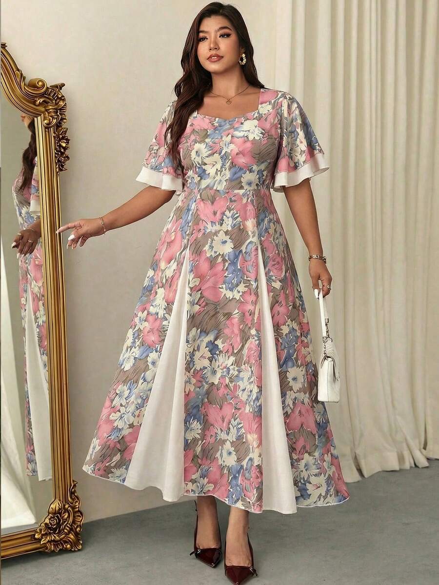 Romper Floral Print - Plus Size Floral Print Square Neck
