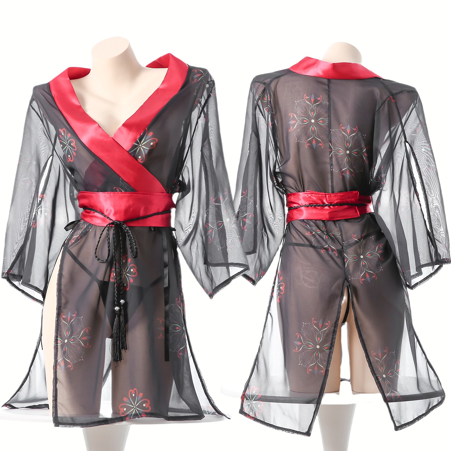 Kimono Sheer Floral - Women's Black Sheer Mesh Japanese Kimono