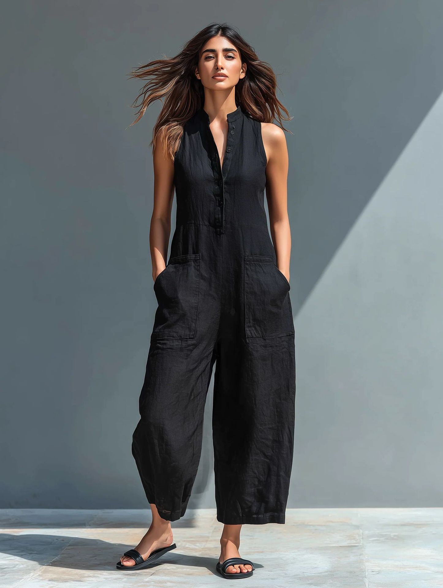 Jumpsuit Linen Relaxed - Summer Women's Clothing Sleeveless Button Up