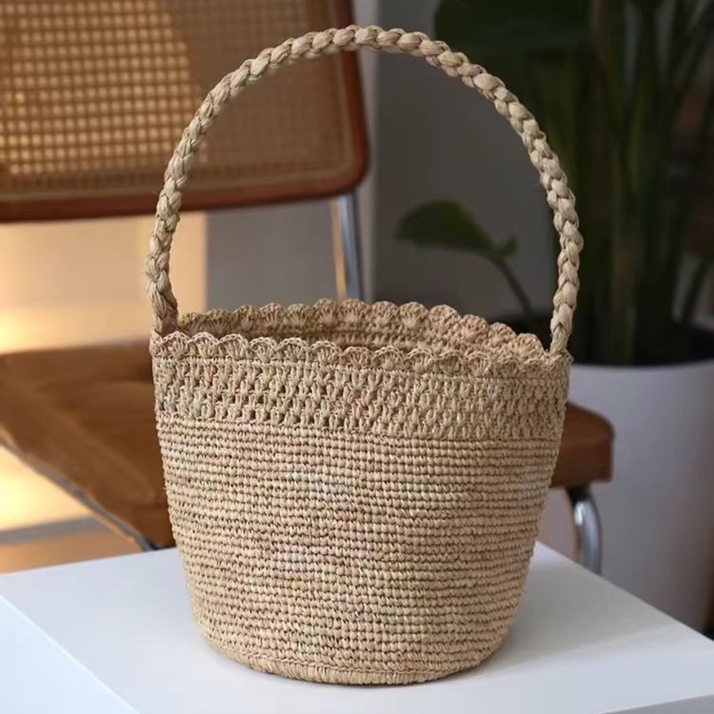 Crochet Bag Raffia - Handmade Crochet Straw Bucket Bag Bohemian