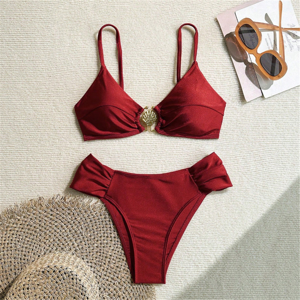 Swimsuit Bikini Ruched - Metal Shell Ring Swimwear Sexy Wine