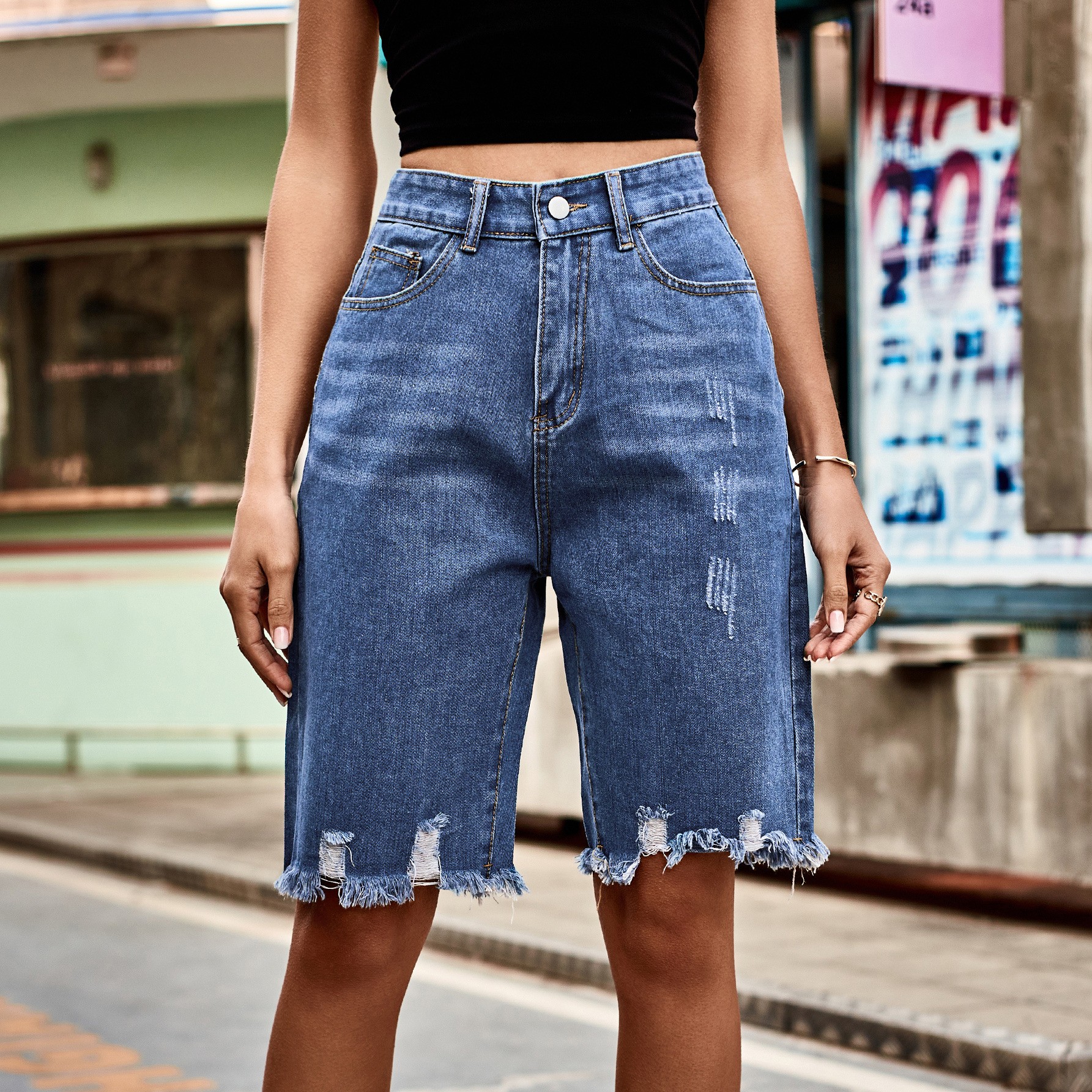 Shorts Denim Frayed - Summer Women's Clothing Distressed Frayed Hem