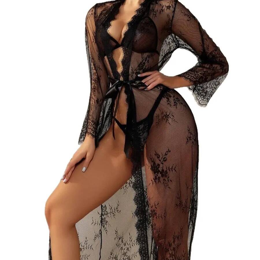 Black Lace Sheer Long Robe For - مراجعة Kimono Sheer Floral وسعره