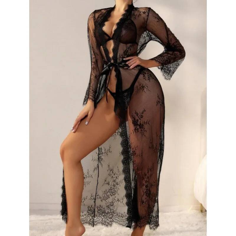 Black Lace Sheer Long Robe For - مراجعة Kimono Sheer Floral وسعره