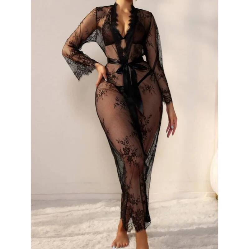 Black Lace Sheer Long Robe For - مراجعة Kimono Sheer Floral وسعره