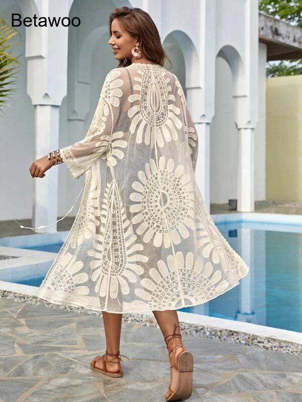Women White Boho Floral Hollow - مراجعة Kimono Sheer Floral وسعره