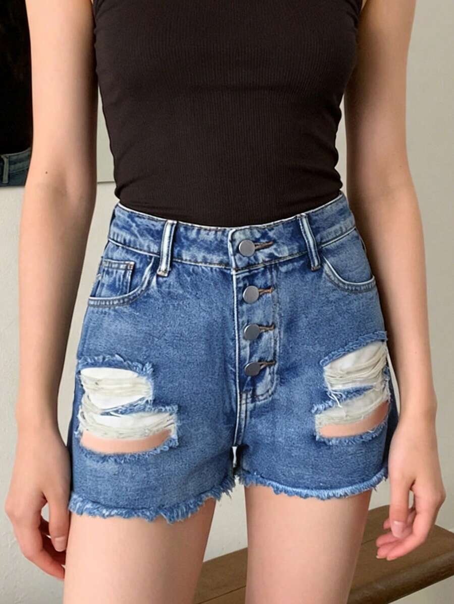 Womens Mid-Rise Distressed Fra - مراجعة Shorts Denim Frayed وسعره