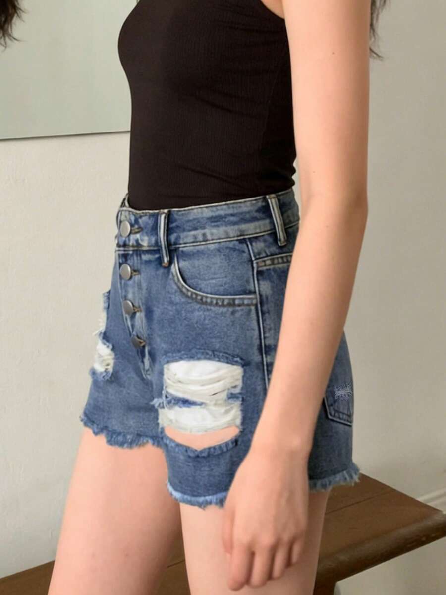 Womens Mid-Rise Distressed Fra - مراجعة Shorts Denim Frayed وسعره