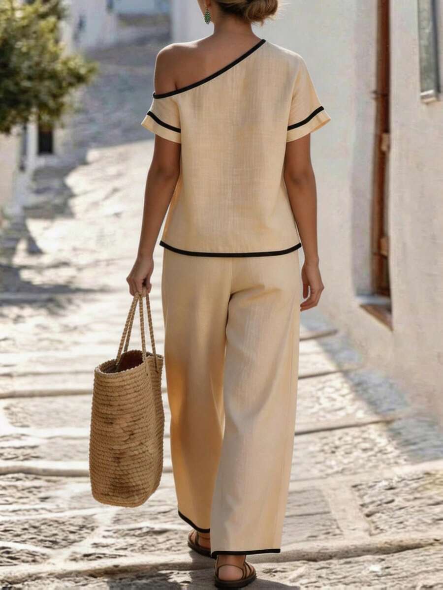 Womens Beige Asymmetric Top An - مراجعة Linen Pant Wide وسعره