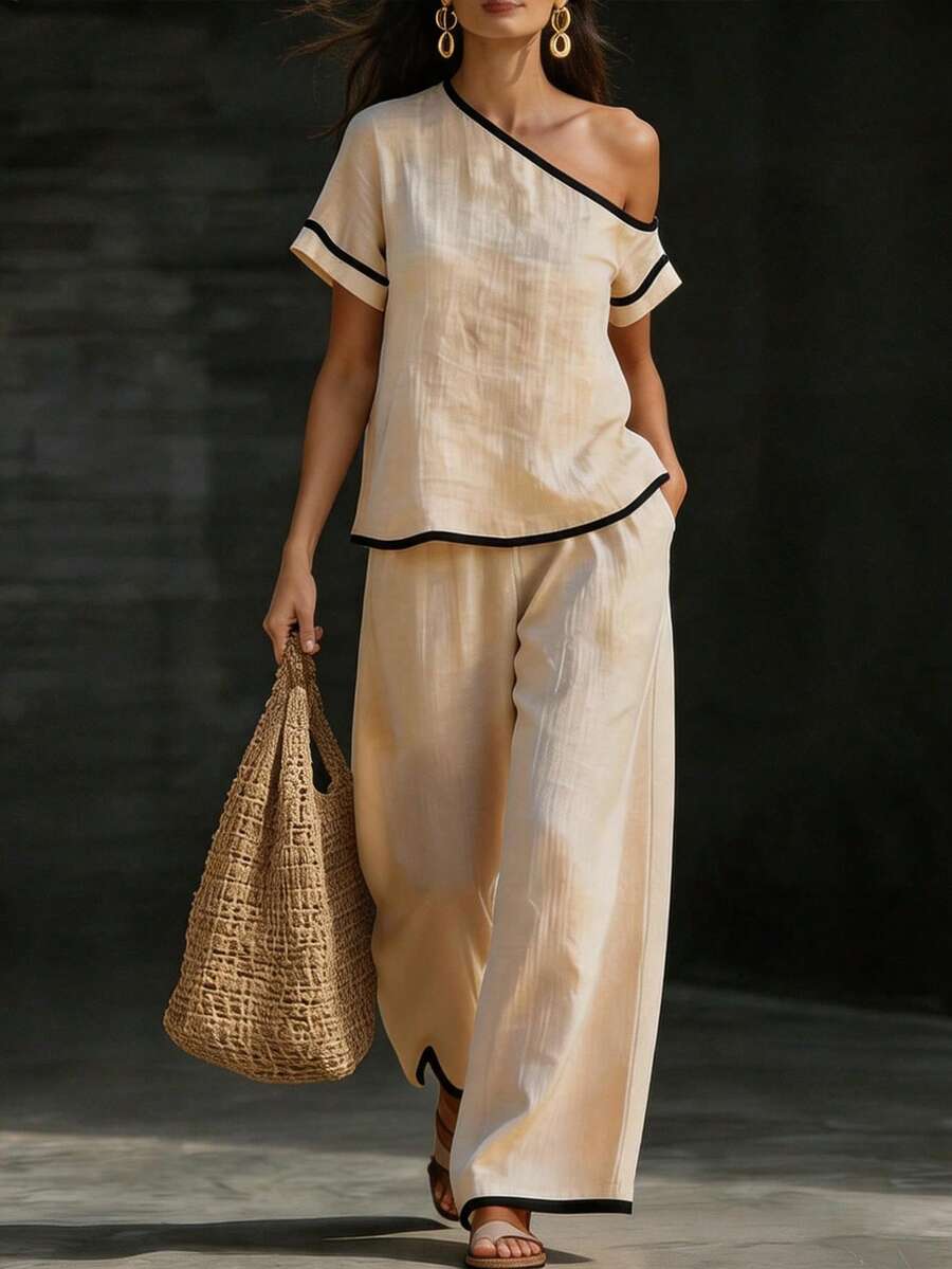 Womens Beige Asymmetric Top An - مراجعة Linen Pant Wide وسعره