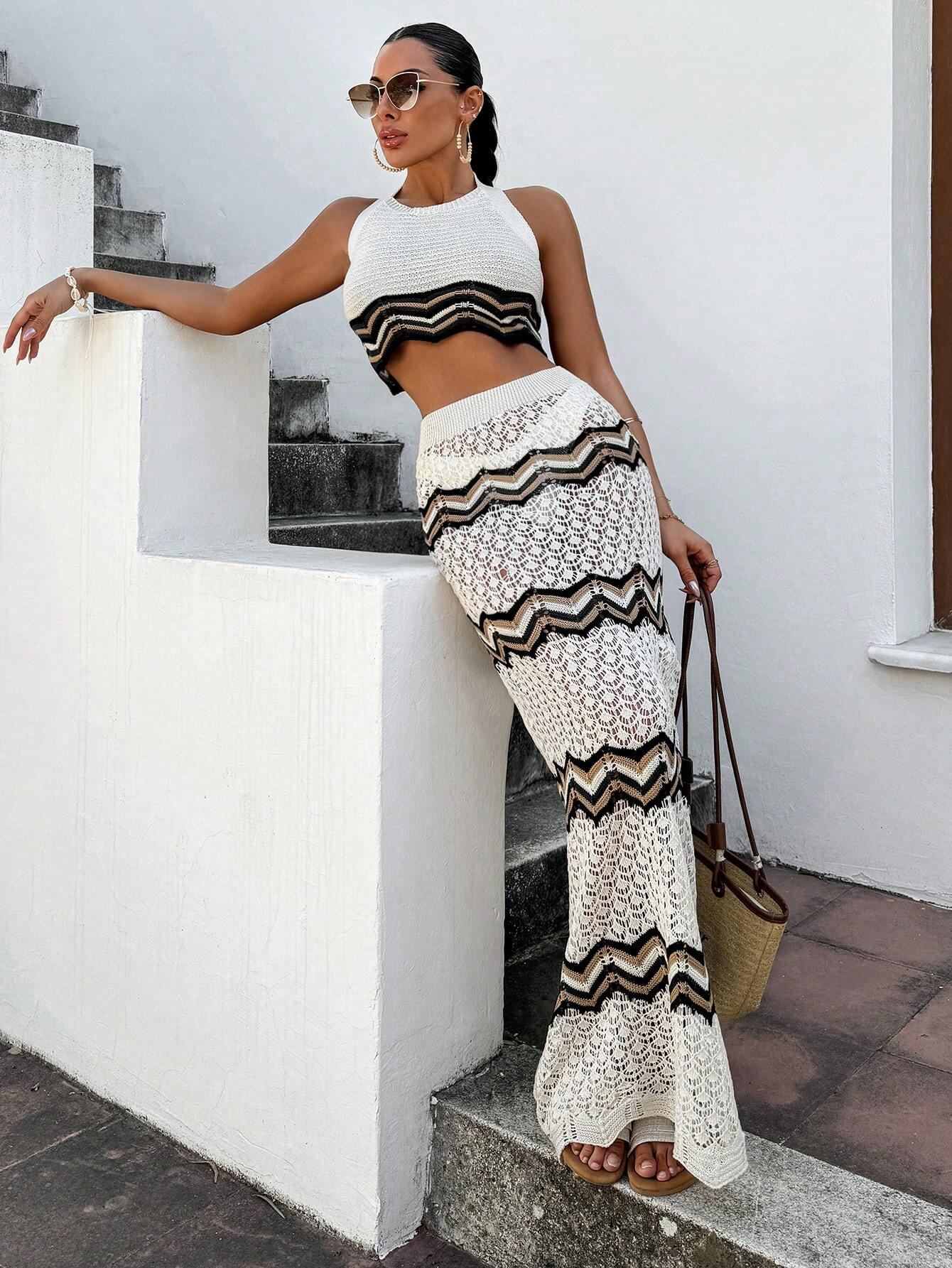 Women Striped Hollow  Crochet  - مراجعة Crop Top Crochet وسعره