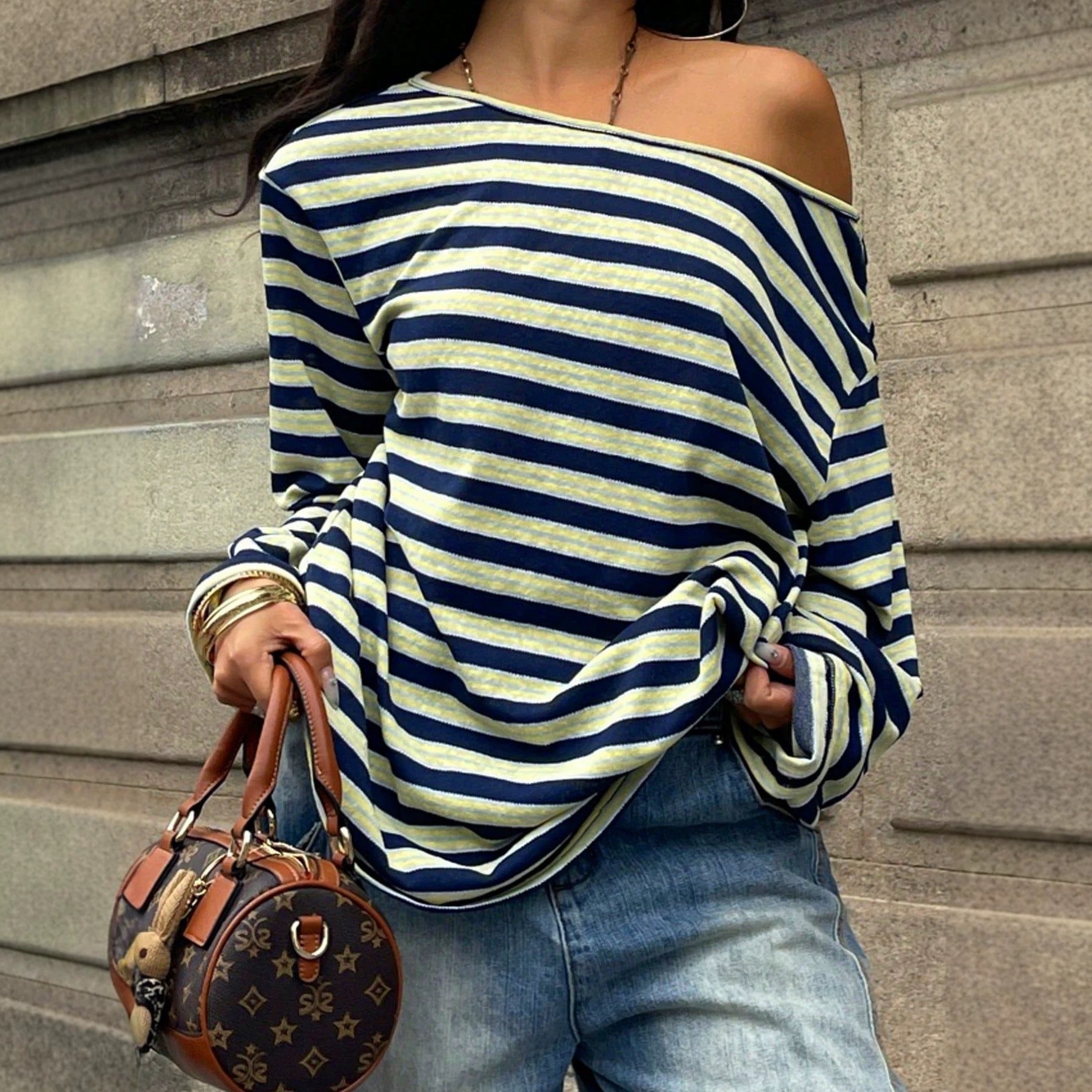 Women's Oversized Striped Blue - مراجعة Blouse Off Shoulder وسعره