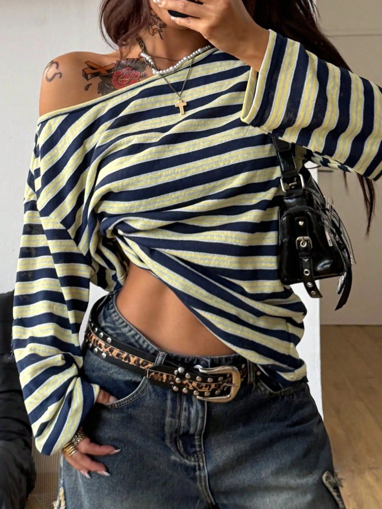 Women's Oversized Striped Blue - مراجعة Blouse Off Shoulder وسعره
