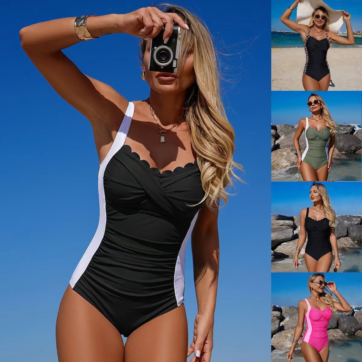 Black Swimsuit Scalloped Neckl - مراجعة Swimsuit Bikini Ruched وسعره
