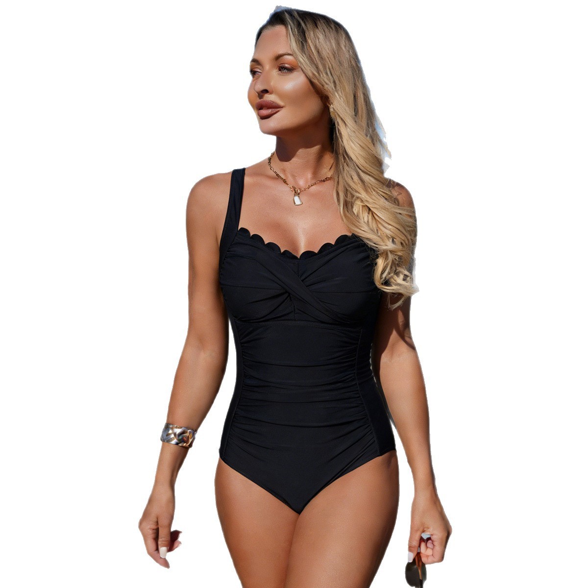 Black Swimsuit Scalloped Neckl - مراجعة Swimsuit Bikini Ruched وسعره