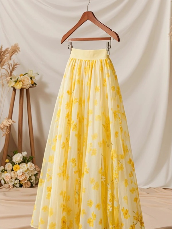Summer 2026 High Waist Yellow  - مراجعة Midi Skirt Floral وسعره