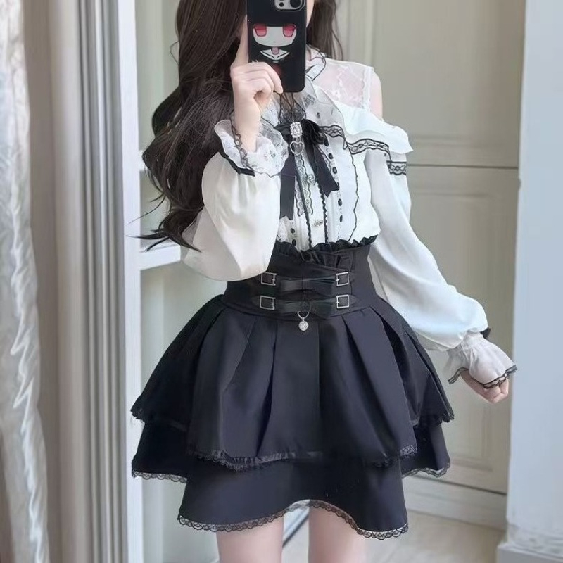 Japanese Gothic Y2k Lolita Sty - مراجعة Blouse Off Shoulder وسعره