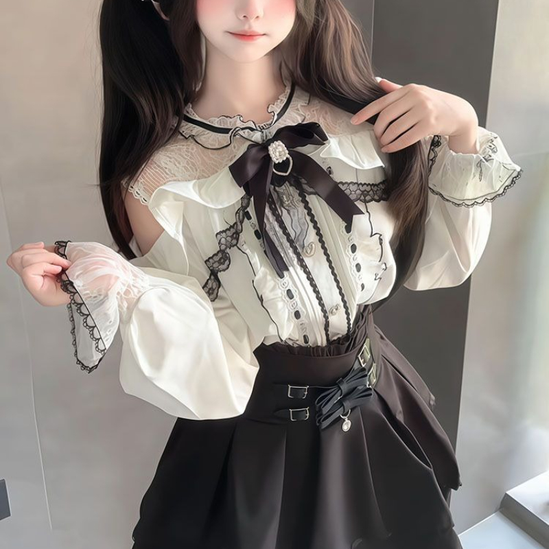 Japanese Gothic Y2k Lolita Sty - مراجعة Blouse Off Shoulder وسعره