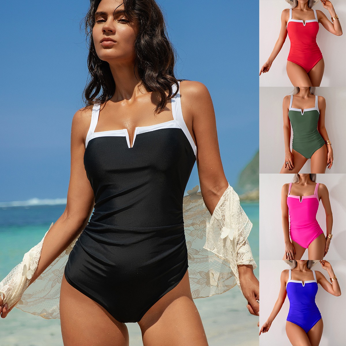 Black Swimsuit V Neck Red Biki - مراجعة Swimsuit Bikini Ruched وسعره