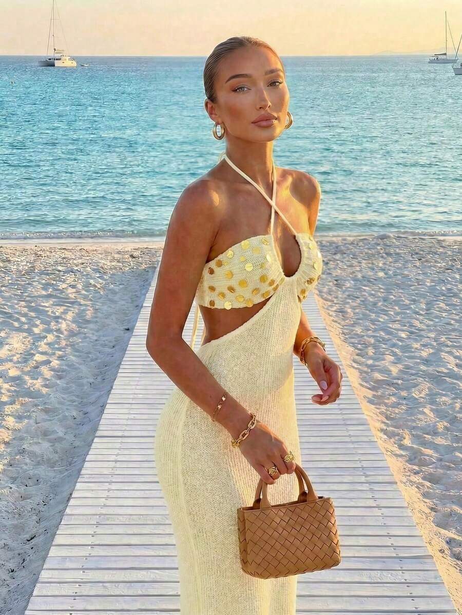 Womens Bohemian Sequin Spaghet - مراجعة Maxi Dress Halter وسعره
