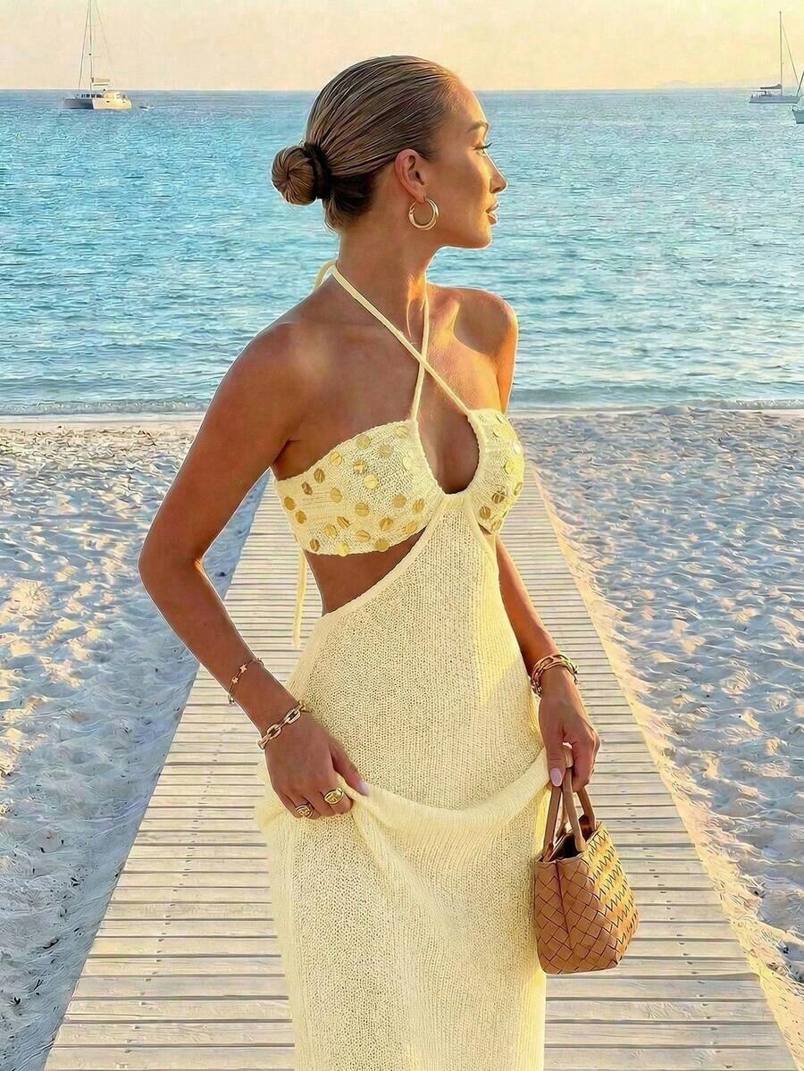 Womens Bohemian Sequin Spaghet - مراجعة Maxi Dress Halter وسعره