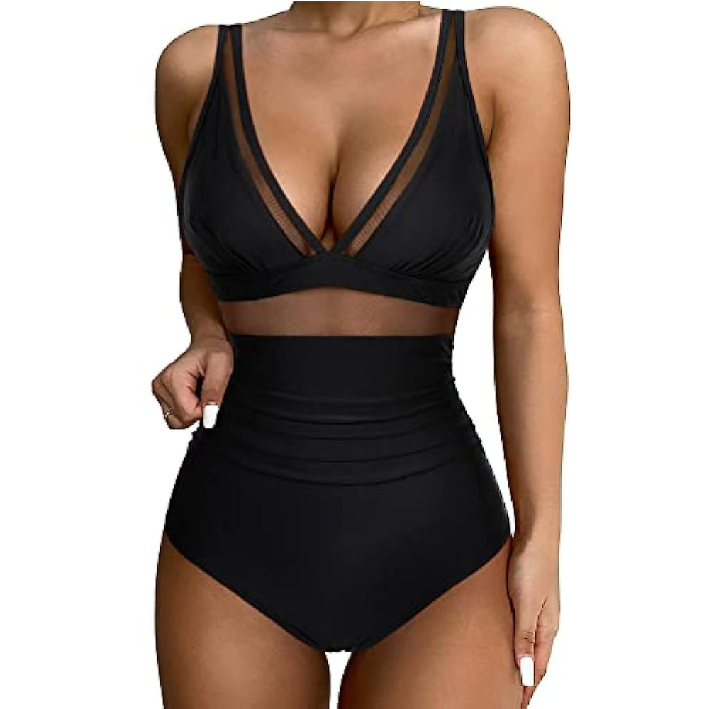 Women Deep V Mesh Cutout One P - مراجعة Swimsuit Bikini Ruched وسعره