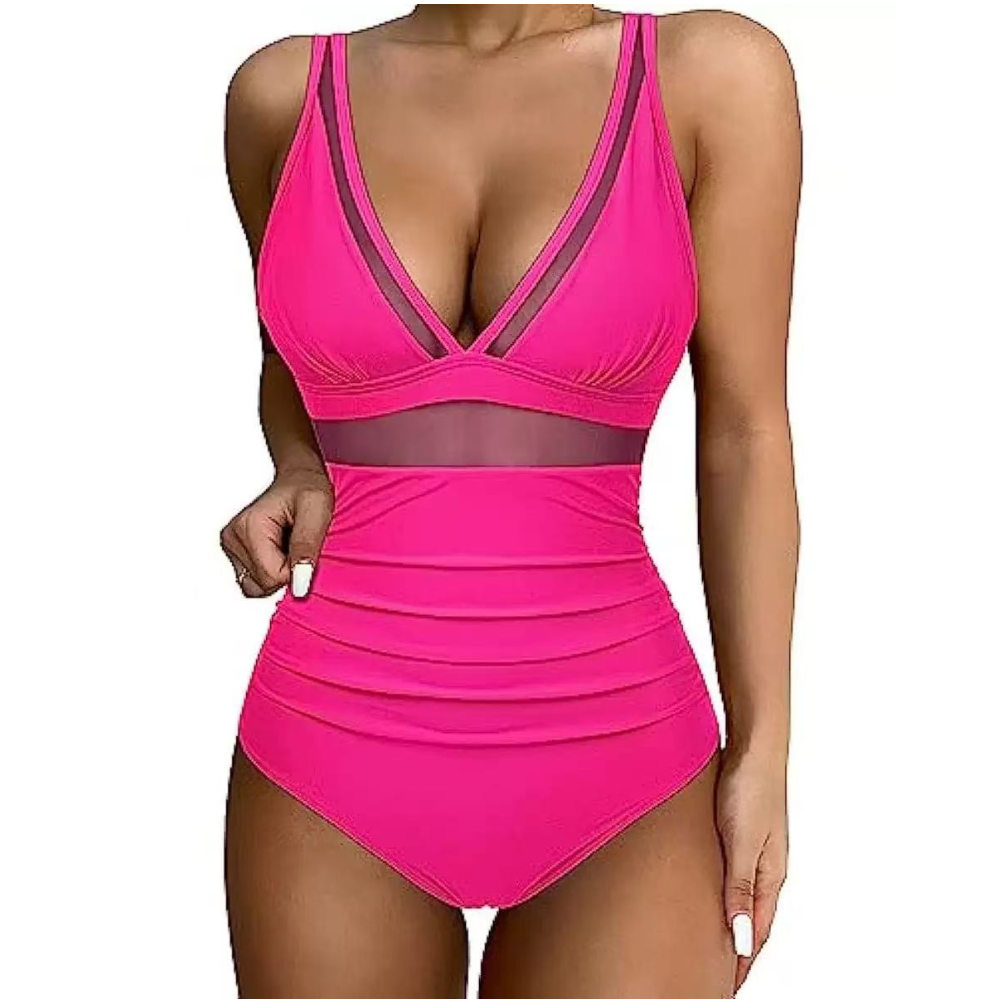 Women Deep V Mesh Cutout One P - مراجعة Swimsuit Bikini Ruched وسعره