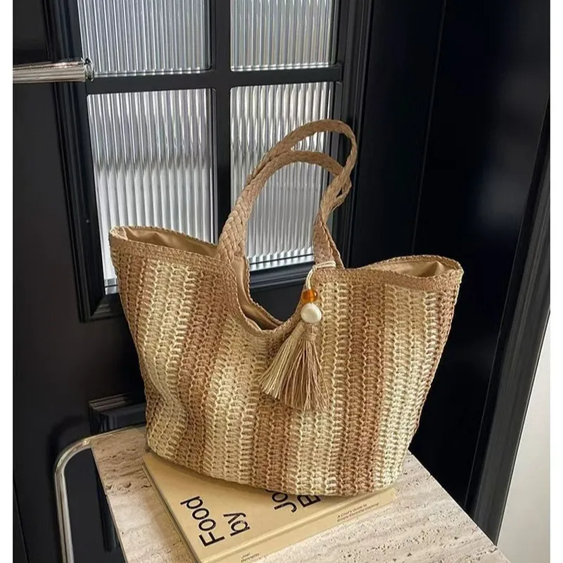 Striped woven straw tote bag f - مراجعة Tote Bag Beach وسعره