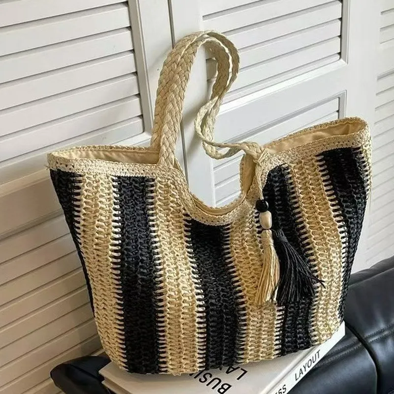 Striped woven straw tote bag f - مراجعة Tote Bag Beach وسعره