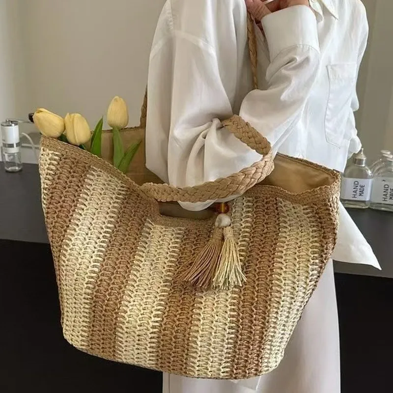 Striped woven straw tote bag f - مراجعة Tote Bag Beach وسعره