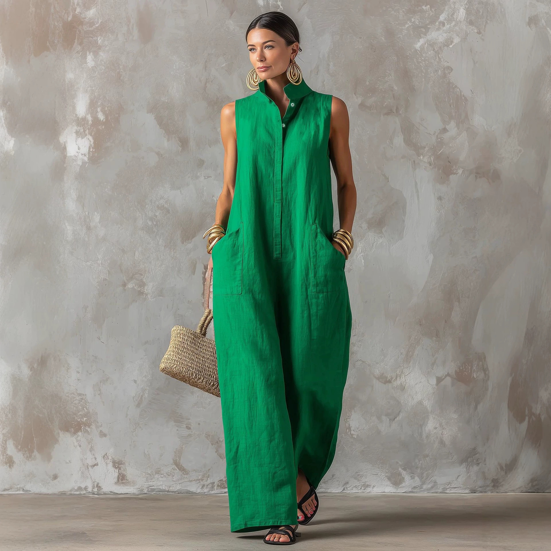 Linen Blend Jumpsuit Sleeveles - مراجعة Jumpsuit Linen Relaxed وسعره
