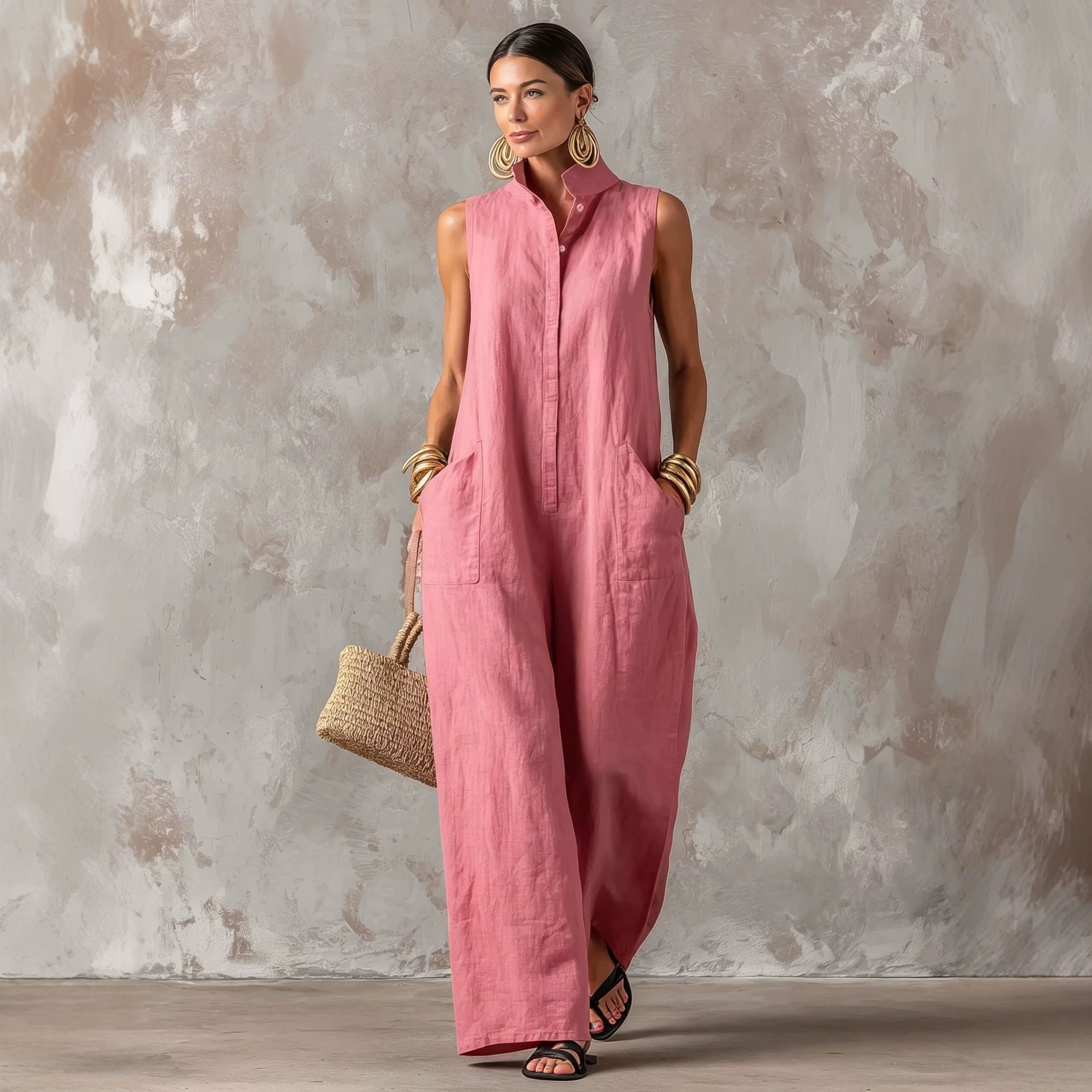 Linen Blend Jumpsuit Sleeveles - مراجعة Jumpsuit Linen Relaxed وسعره
