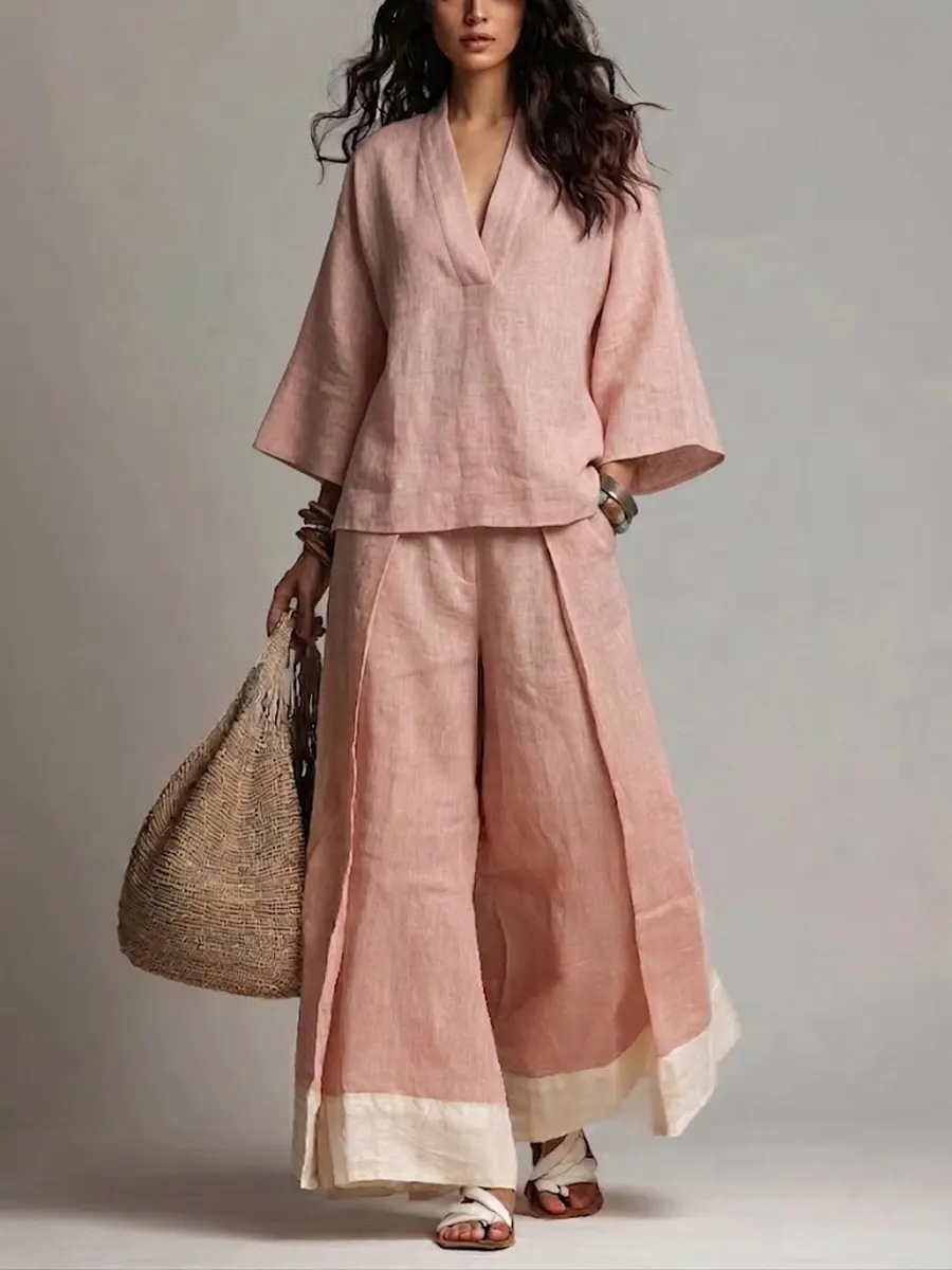 Summer Women V-neck Cotton Lin - مراجعة Linen Pant Wide وسعره