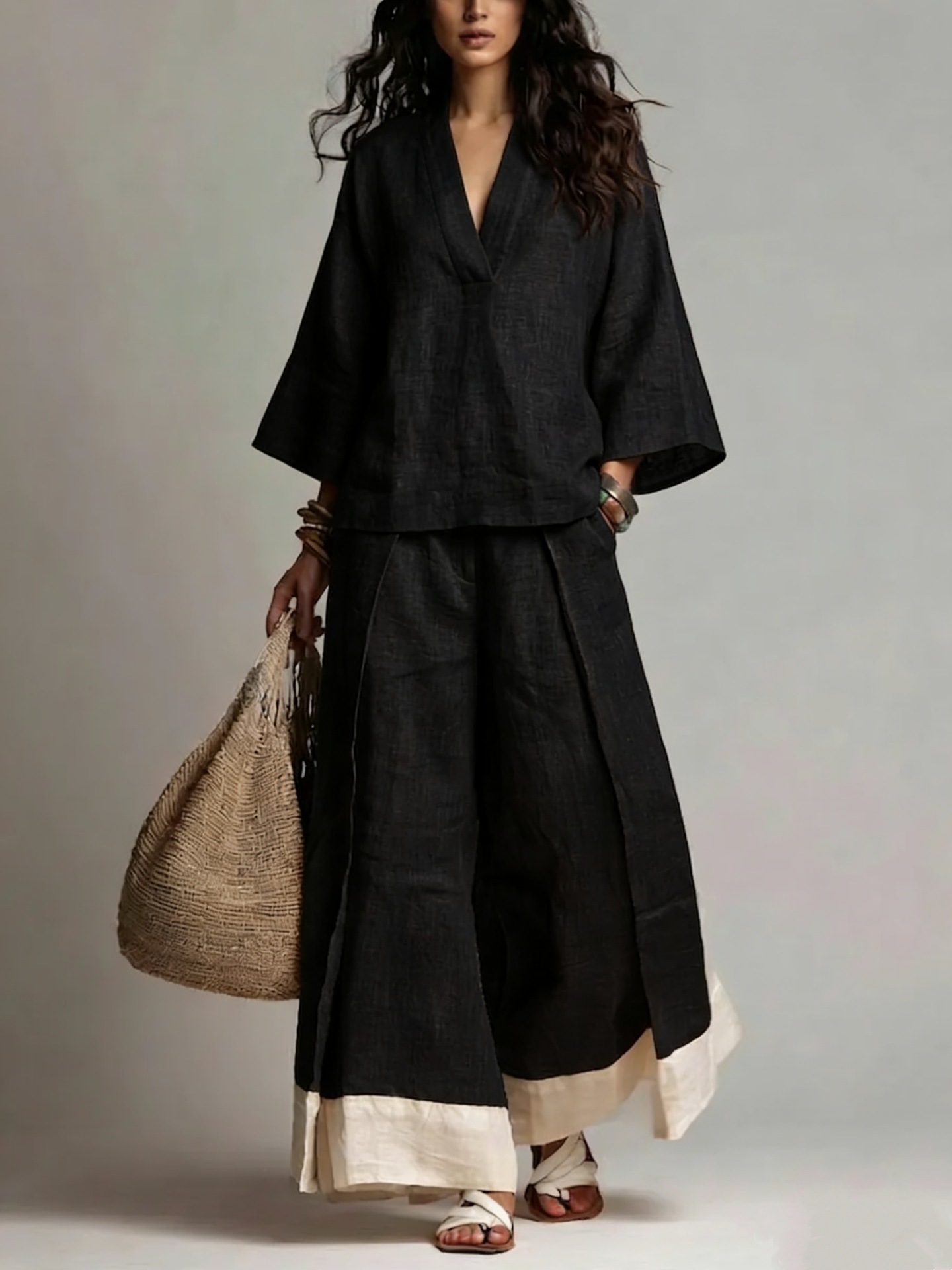 Summer Women V-neck Cotton Lin - مراجعة Linen Pant Wide وسعره