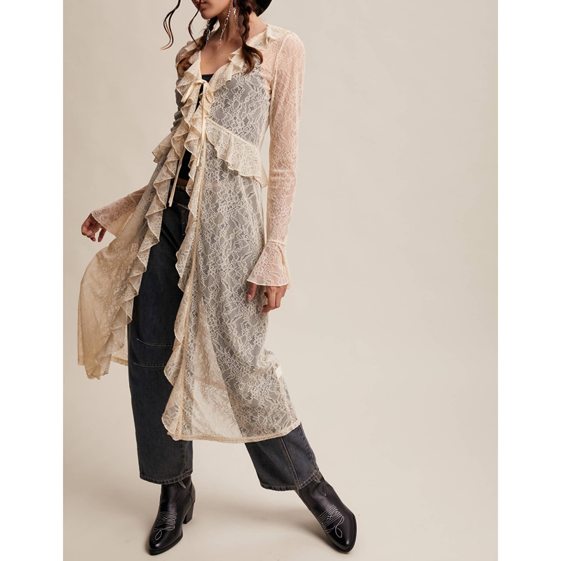 Women's Floral Lace Mesh Tie F - مراجعة Kimono Sheer Floral وسعره