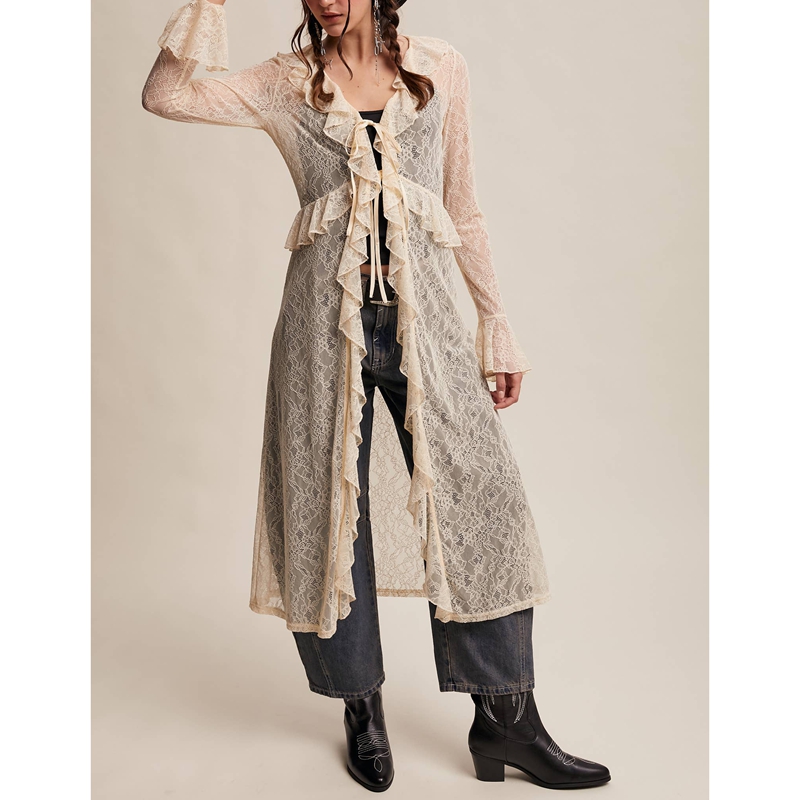 Women's Floral Lace Mesh Tie F - مراجعة Kimono Sheer Floral وسعره