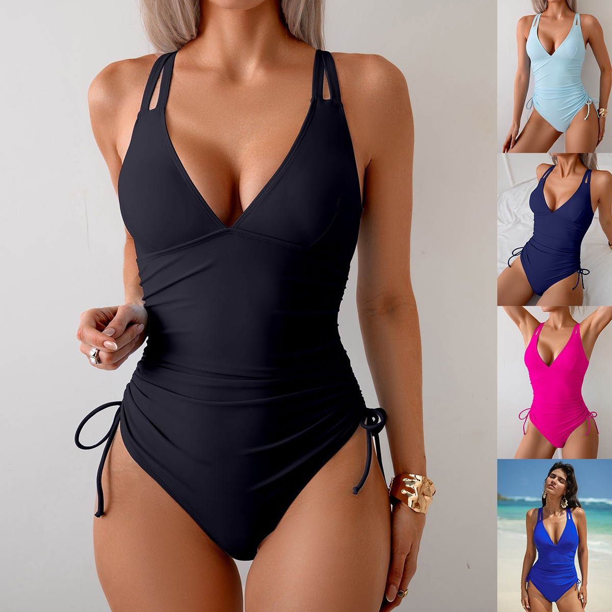Solid Black Swimsuit V Neck Ru - مراجعة Swimsuit Bikini Ruched وسعره