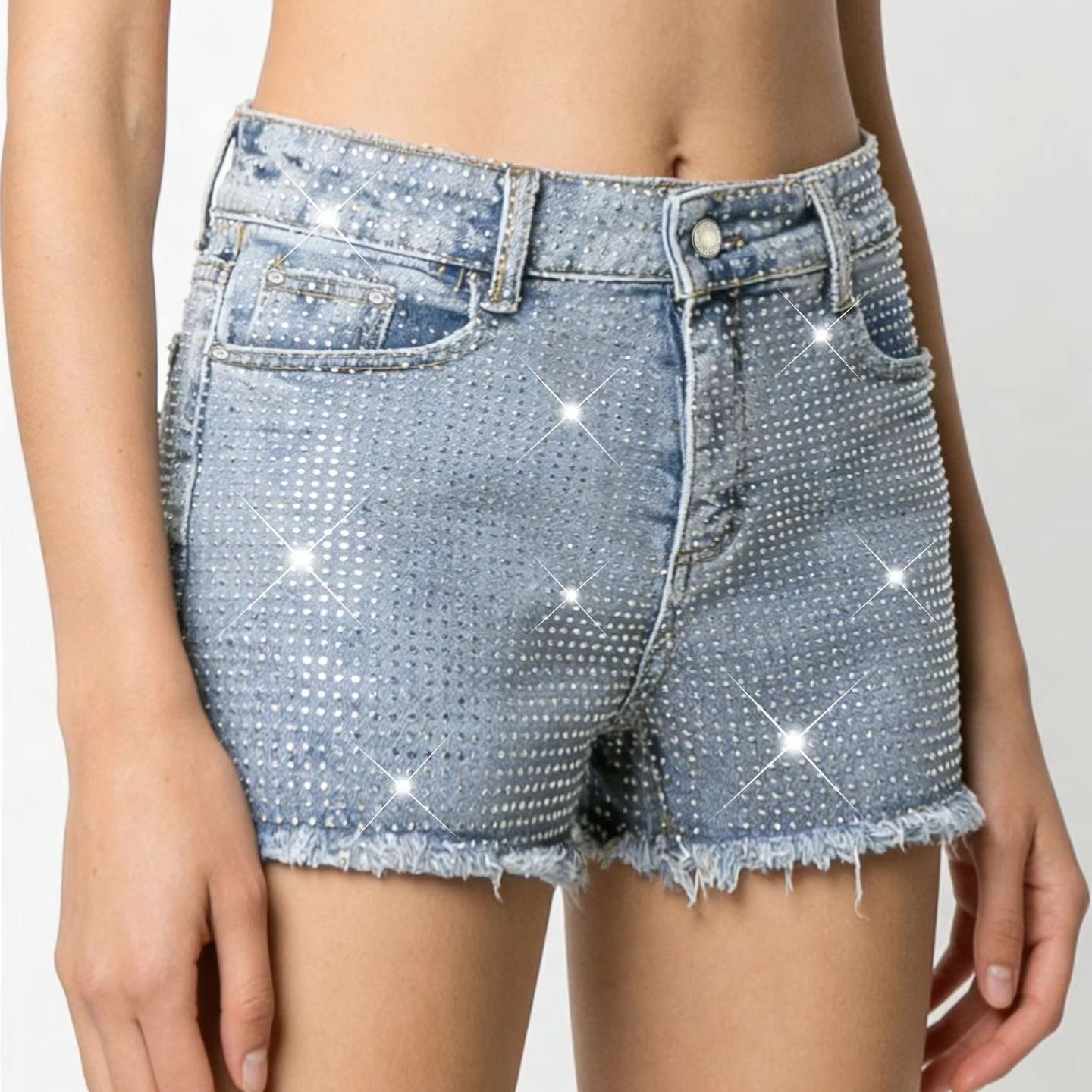 2026 New Full-Bejeweled Elasti - مراجعة Shorts Denim Frayed وسعره