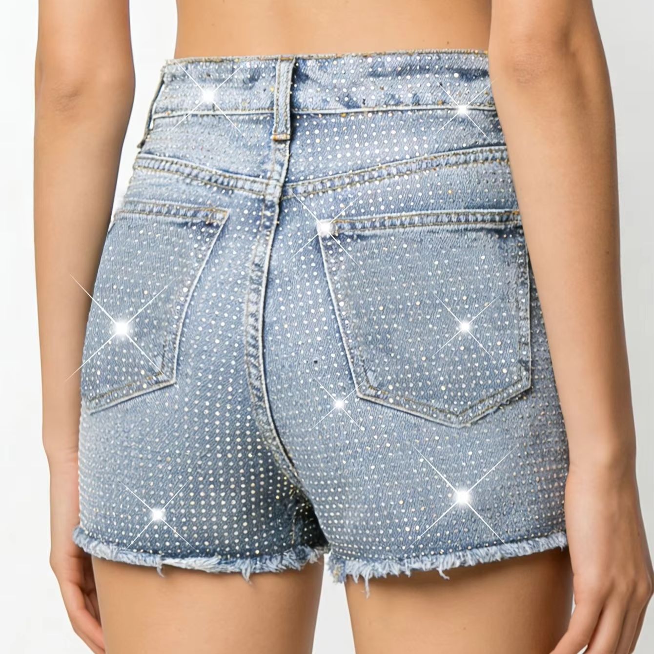 2026 New Full-Bejeweled Elasti - مراجعة Shorts Denim Frayed وسعره
