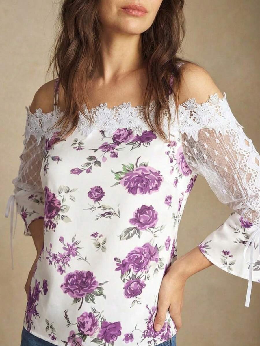 Purple Floral Print Off Should - مراجعة Blouse Off Shoulder وسعره